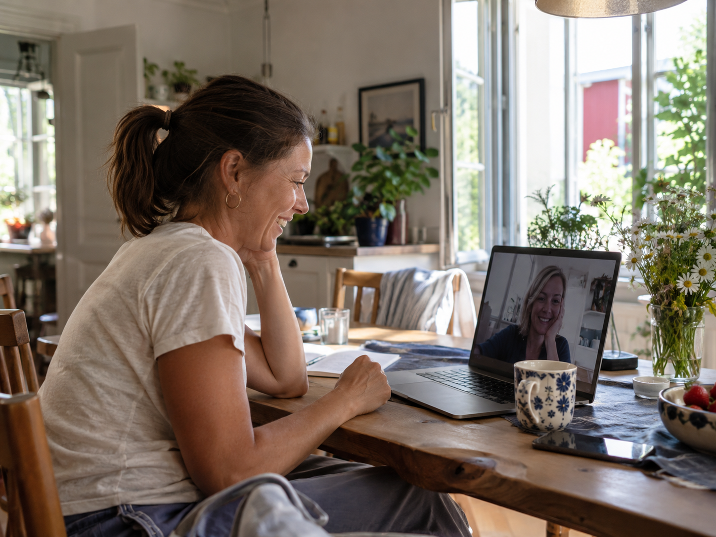 Person som har ett videosamtal med en annan person från sitt köksbord.