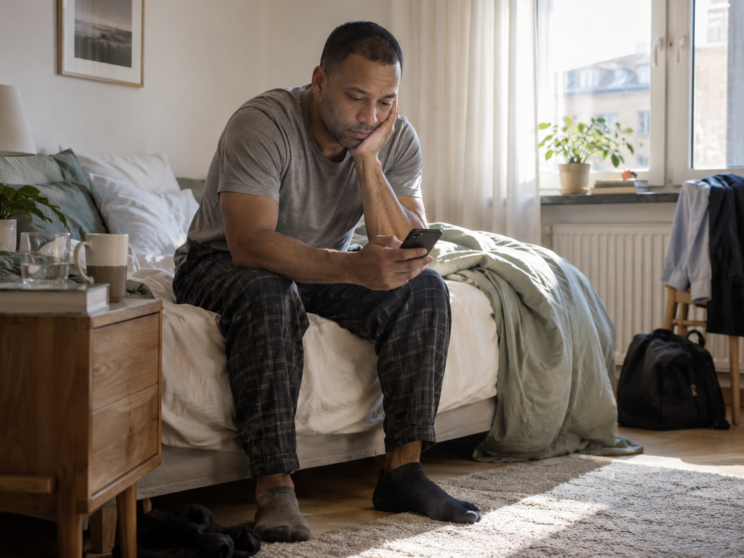 En vuxen person sitter på sängkanten hemma och tittar eftertänksamt i sin mobil.