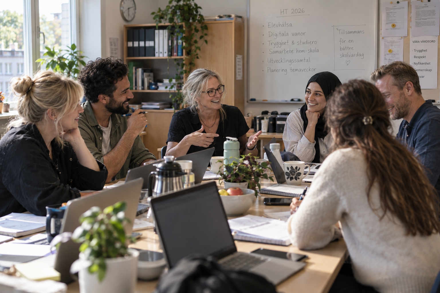 Skolpersonal i samtal runt ett konferensbord i ett ljust personalrum.