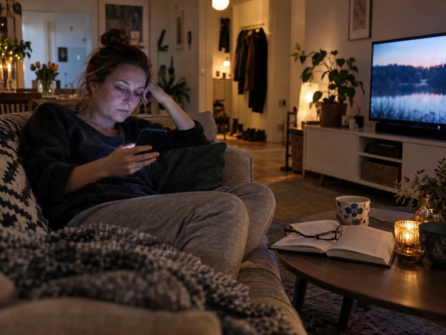 En person sitter hemma i soffan med mobilen under en lugn kväll.