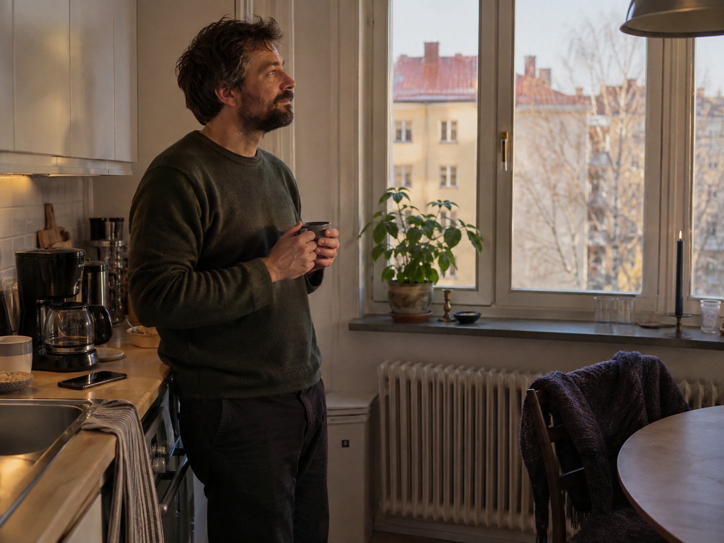 En man står vid köksfönstret med en kaffemugg i handen och tittar ut medan mobilen ligger på köksbänken.