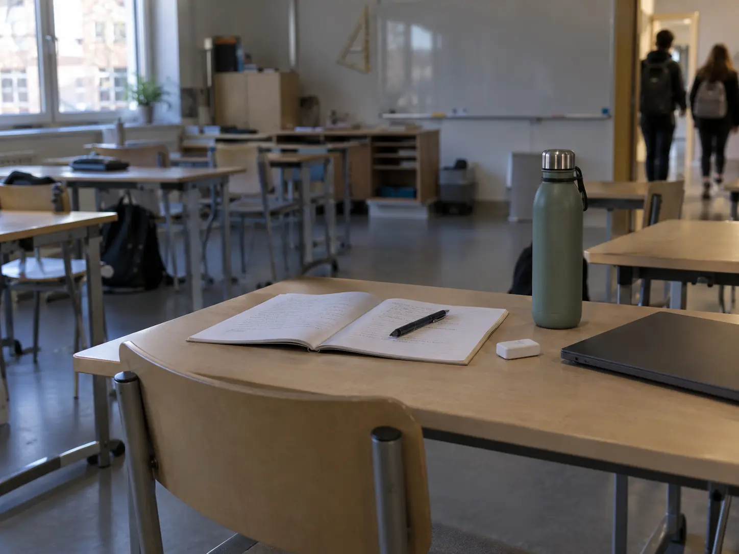 Ett tomt klassrum med skrivbok, dator och vattenflaska på en skolbänk.
