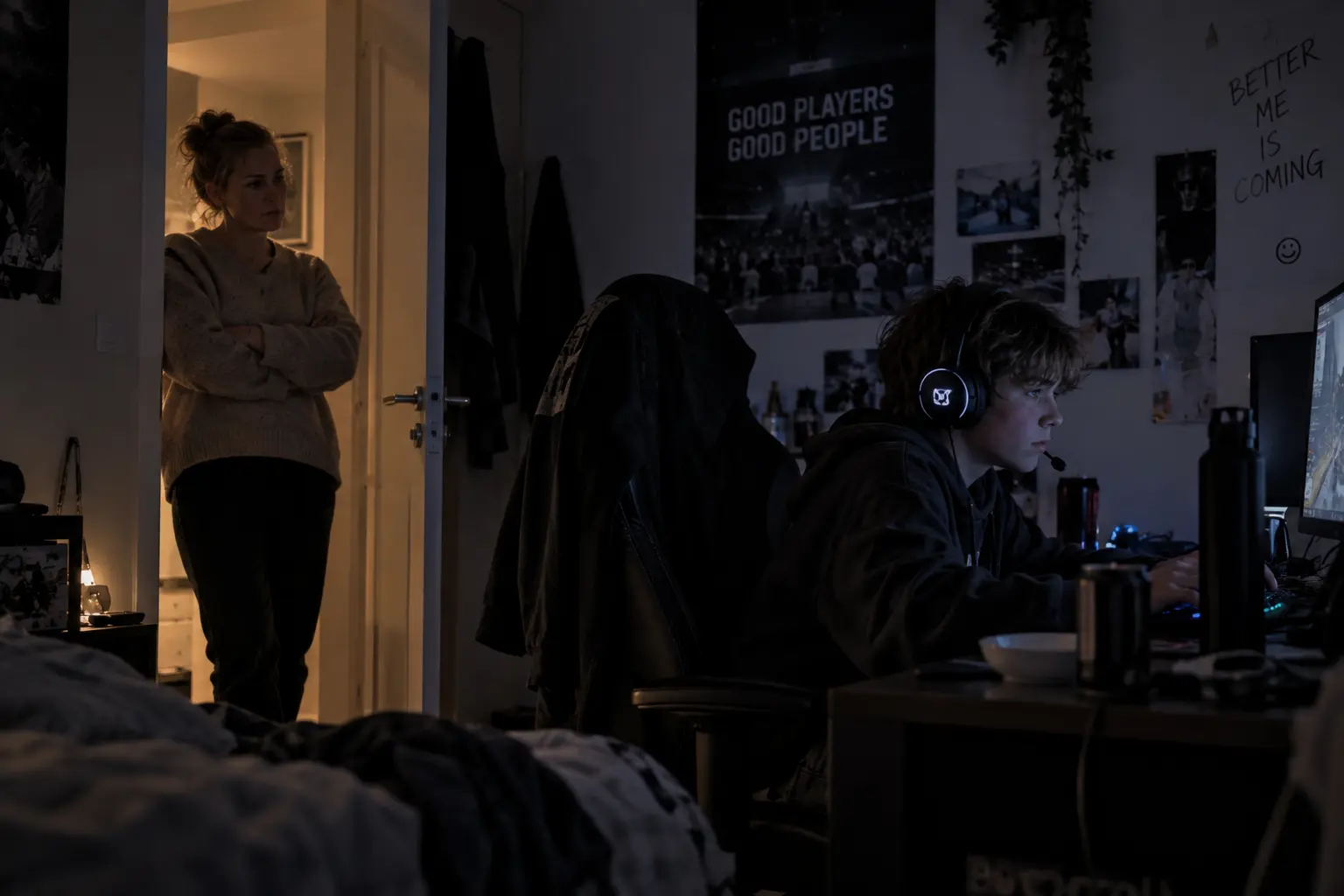 En förälder står i dörröppningen medan en tonåring spelar vid datorn.