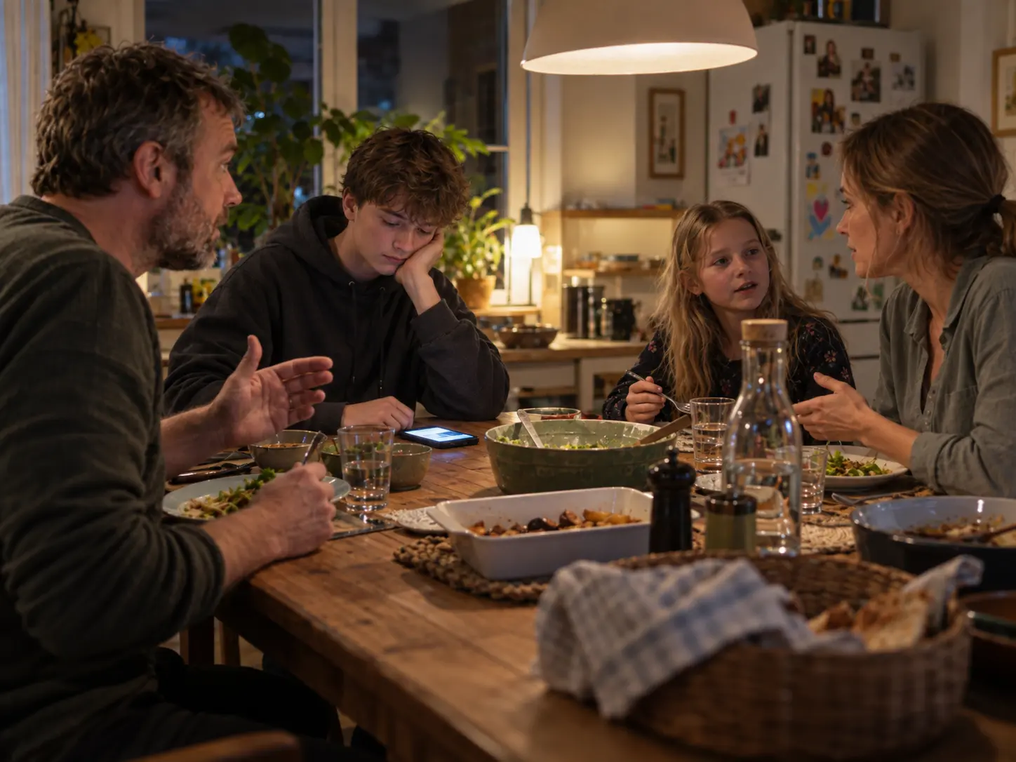 En familj samtalar vid middagsbordet medan en tonåring tittar på sin mobil.