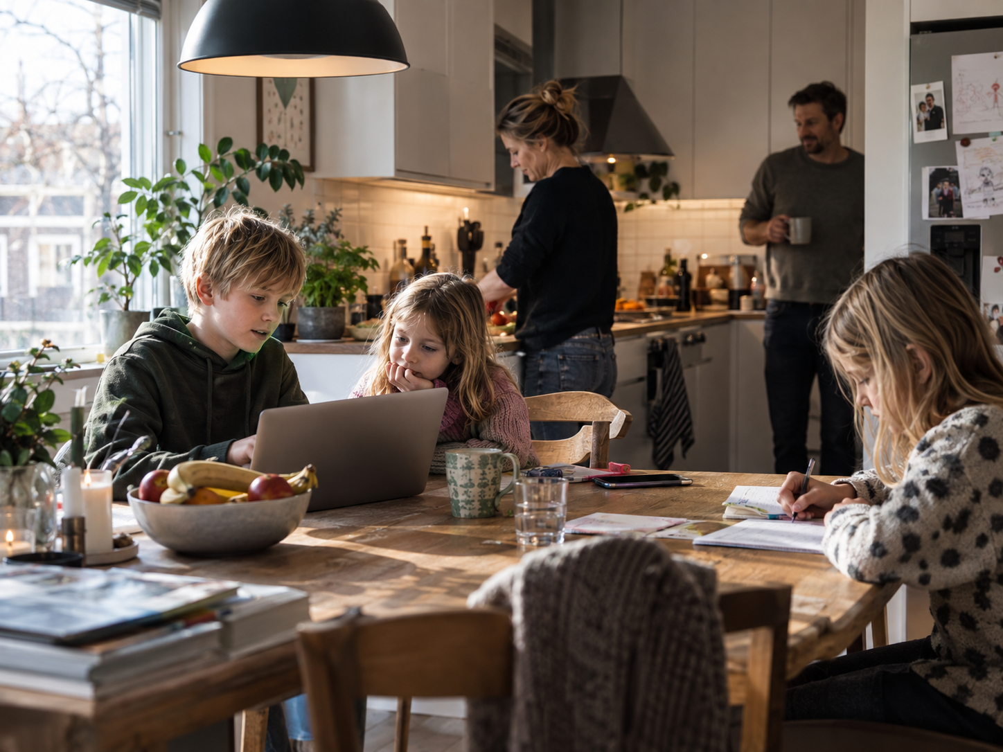 En familj i hemmets kök — barnen vid datorn vid köksbordet, föräldrarna i bakgrunden.