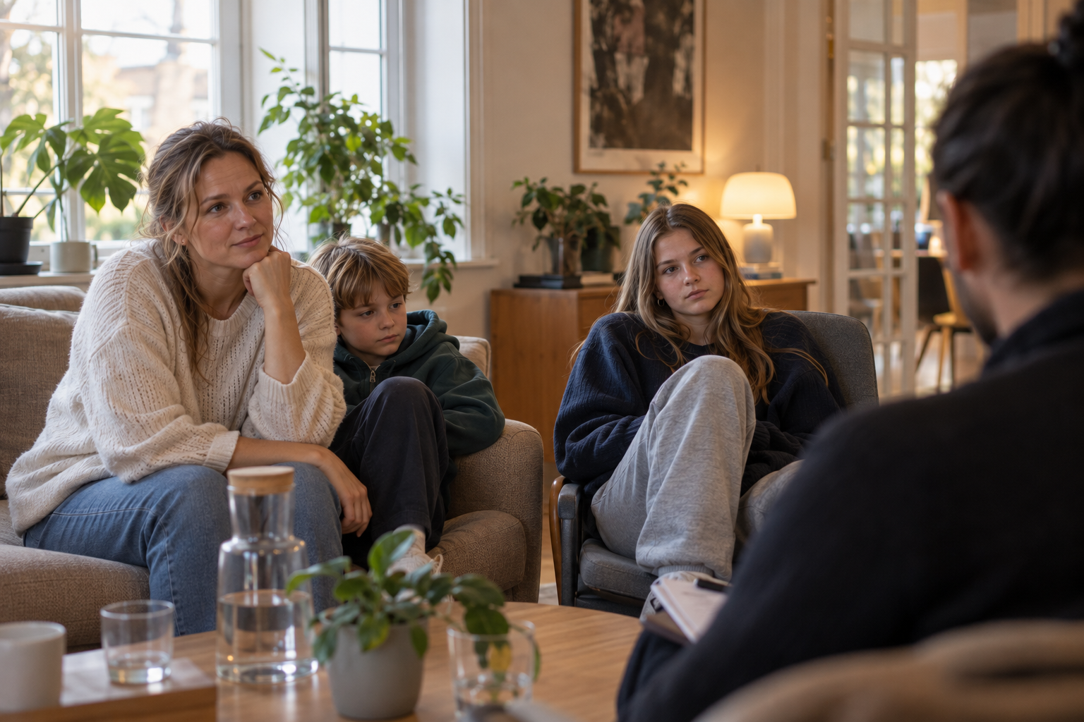 En familj deltar i ett rådgivningssamtal hemma.