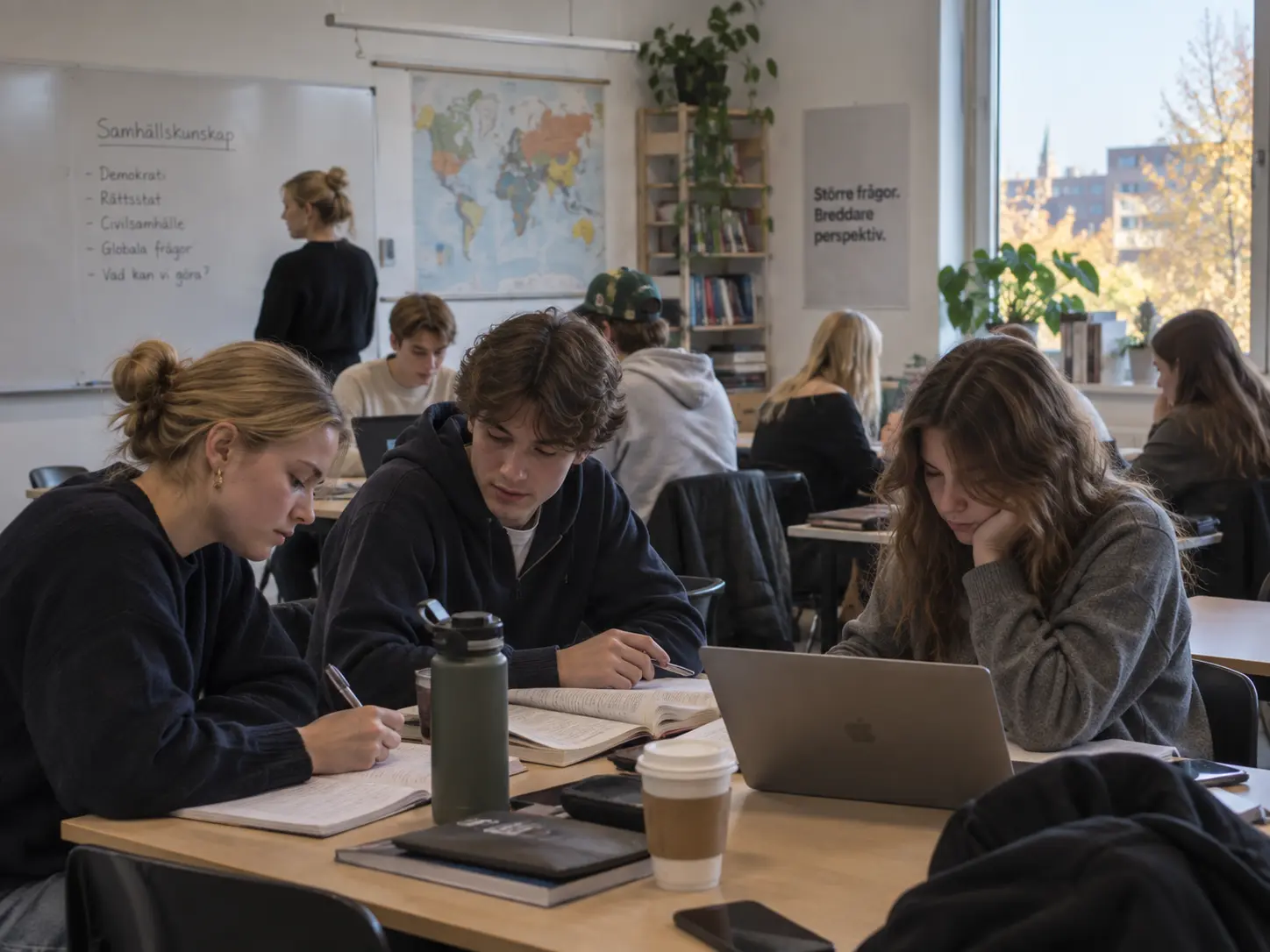 Gymnasieelever arbetar tillsammans med böcker och dator i ett klassrum.