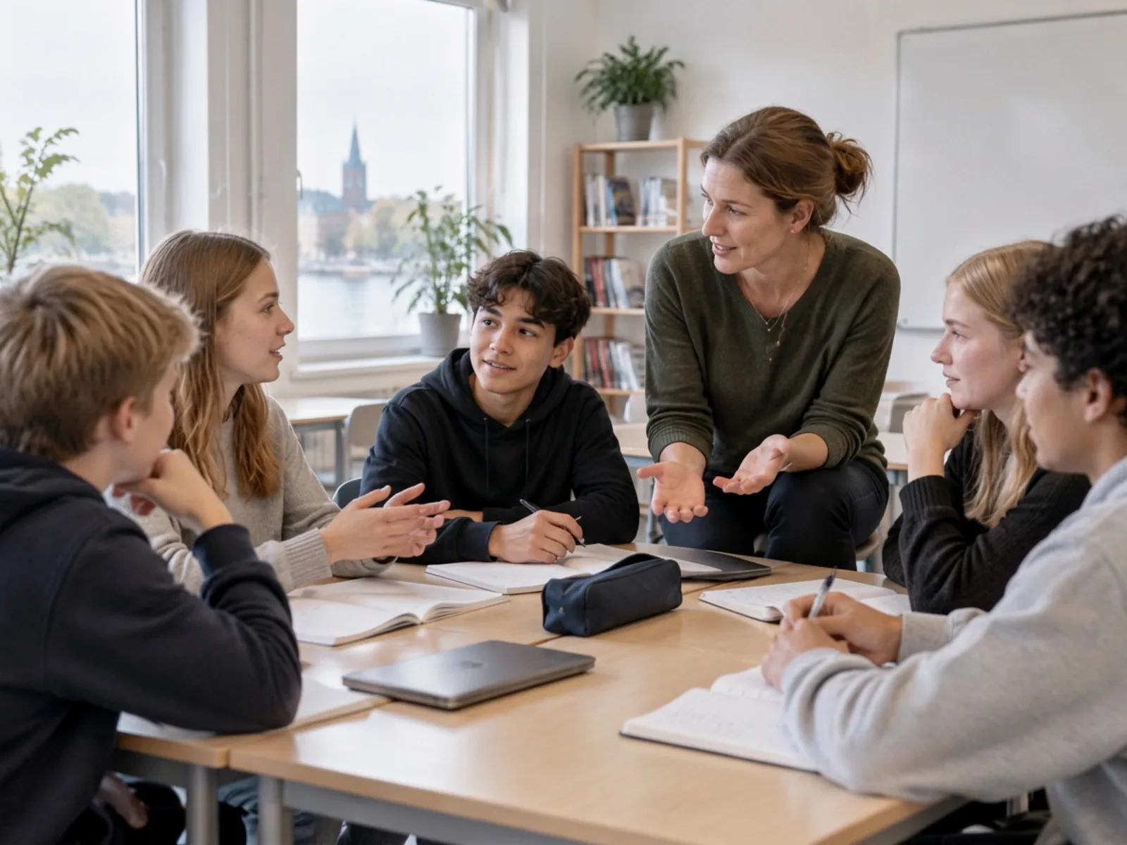 Elever och en lärare samtalar i ett ljust klassrum.